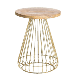 A gold wire side table with a wooden base.