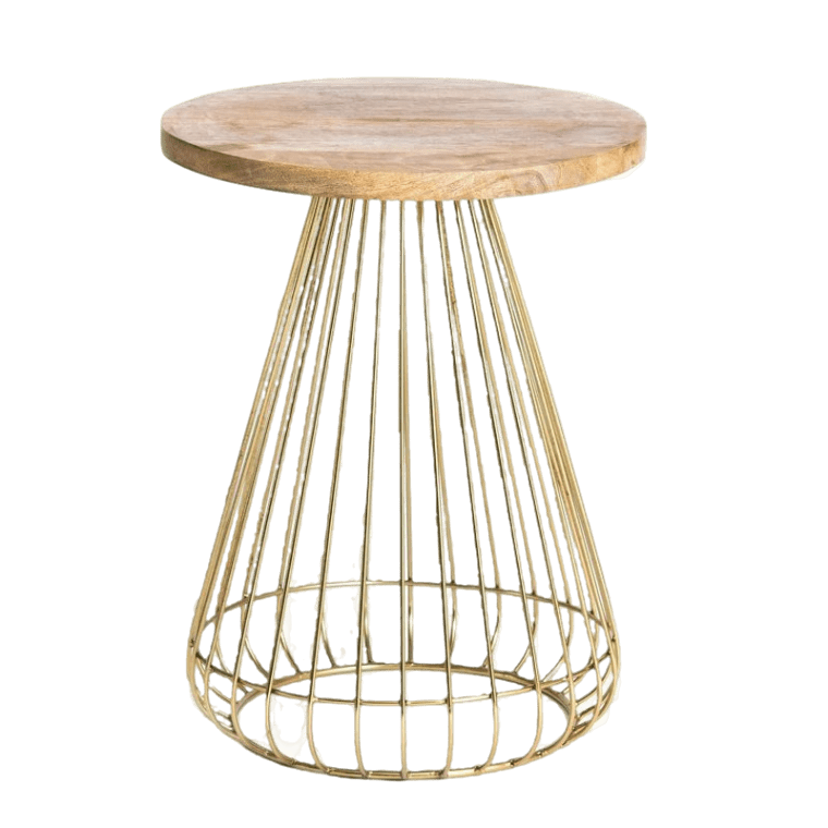 A gold wire side table with a wooden base.