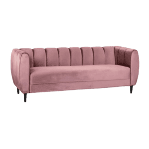 A pink velvet sofa, perfect for any event, with black legs.