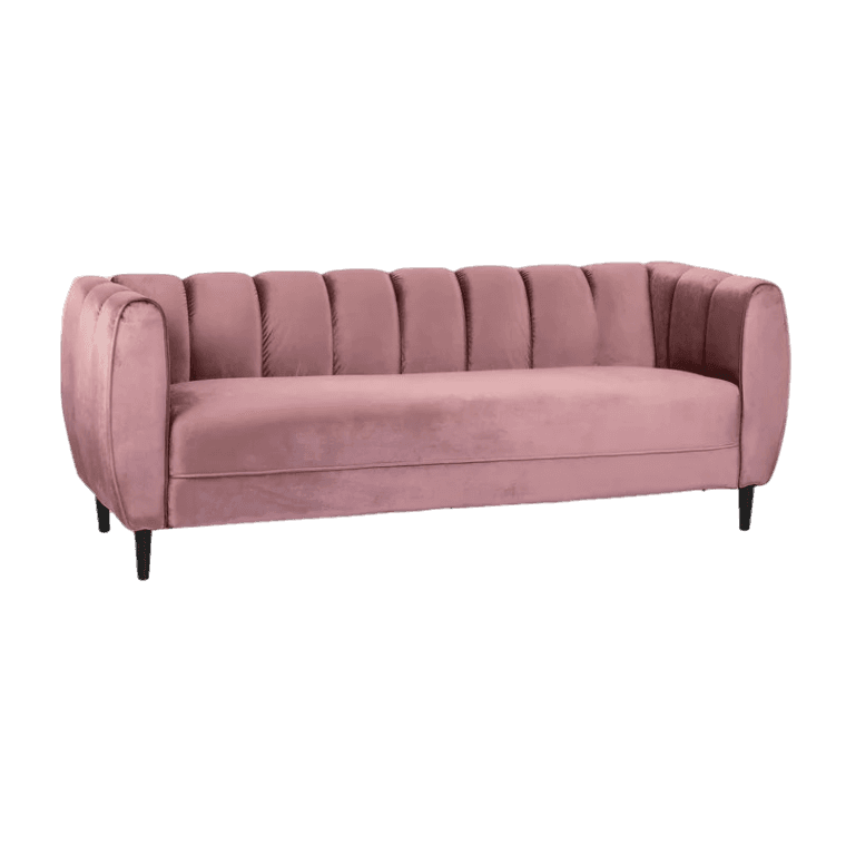 A pink velvet sofa, perfect for any event, with black legs.