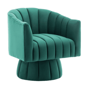 A green velvet swivel chair with a swivel base.