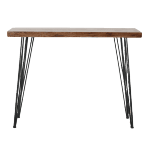 A console table with black legs and wooden top.