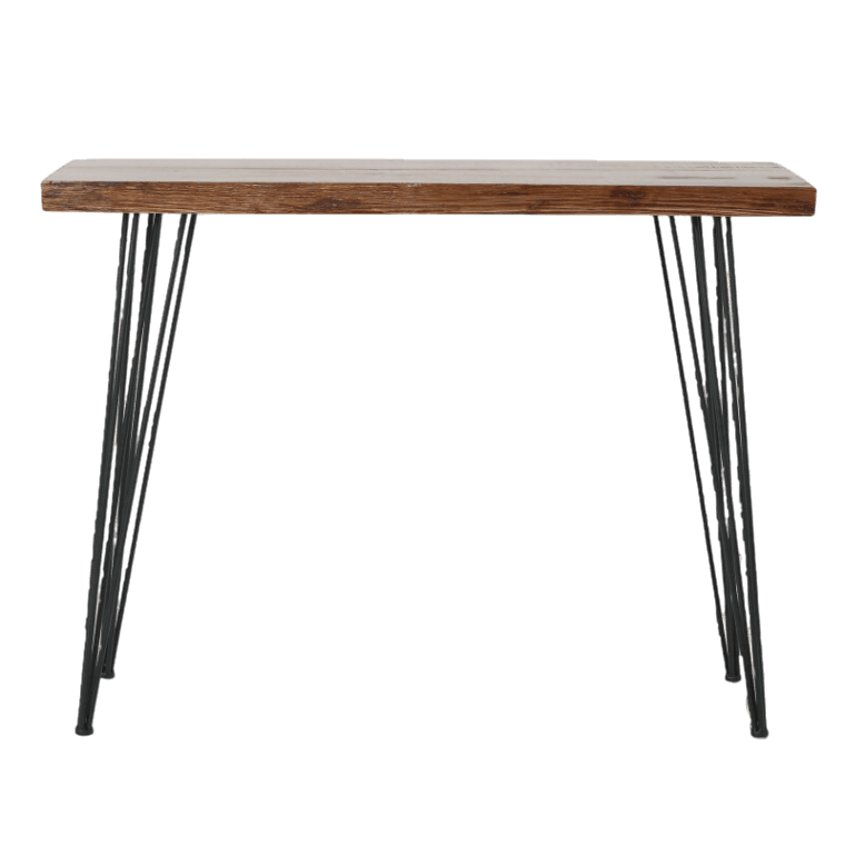 A console table with black legs and wooden top.