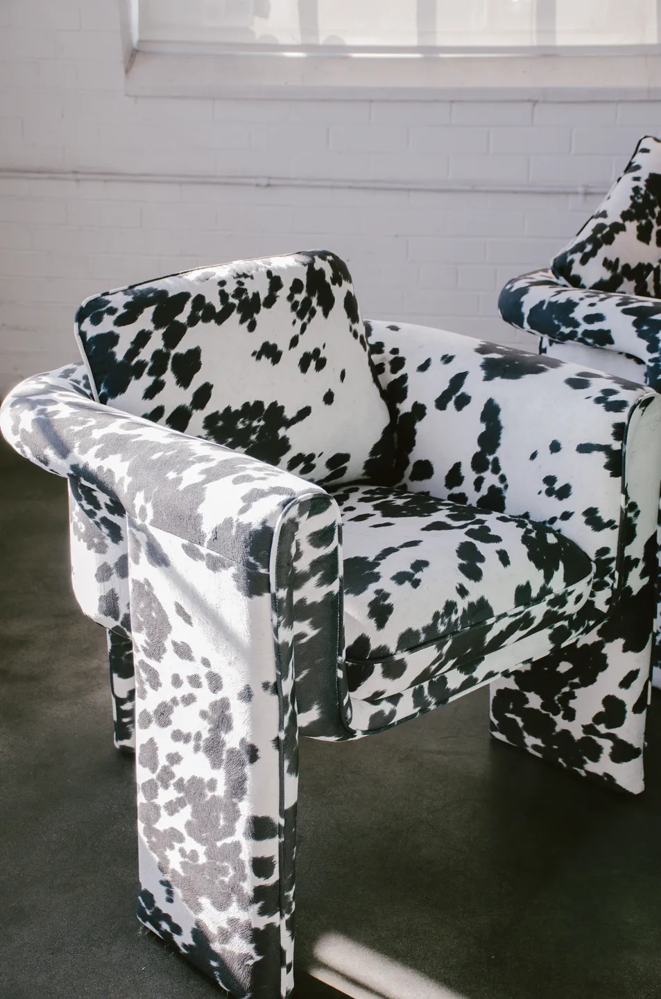 A chair with black and white cow print upholstery prepared for an event in a white-walled room.